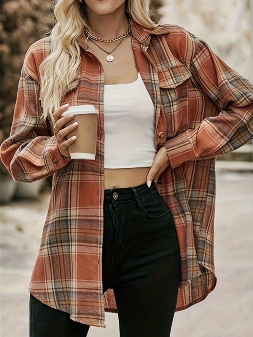 Women’s Orange Plaid Button-Up Shirt Jacket